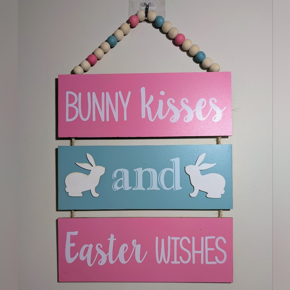 Free W/Purchase - Pink & Blue Easter Bunny Wood Sign Beaded Garland Wall Art